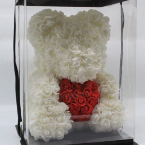Bear Rose Λευκό με κόκκινη καρδιά σε διάφανο κουτί 40cm
